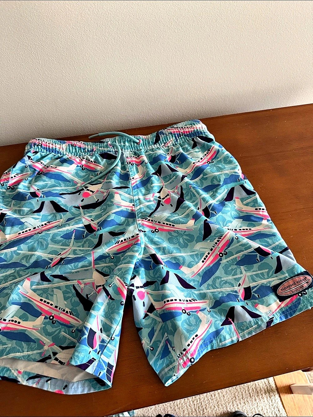 Vineyard Vines Chappy Swim Trunks - Airplane Print Blue & Pink Medium youth